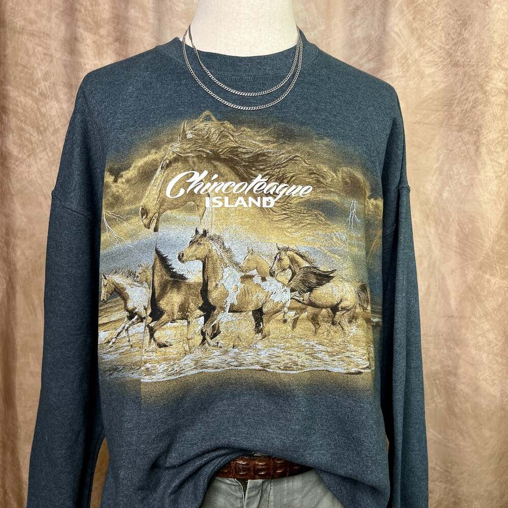 Vintage Y2K Horse Sweater Chincoteague Island Gray Crewneck Sweatshirt Western